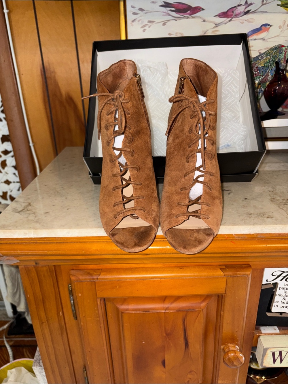 Vince Camito Suede Lace-Up Peep Toe Heeled Booties - Brown